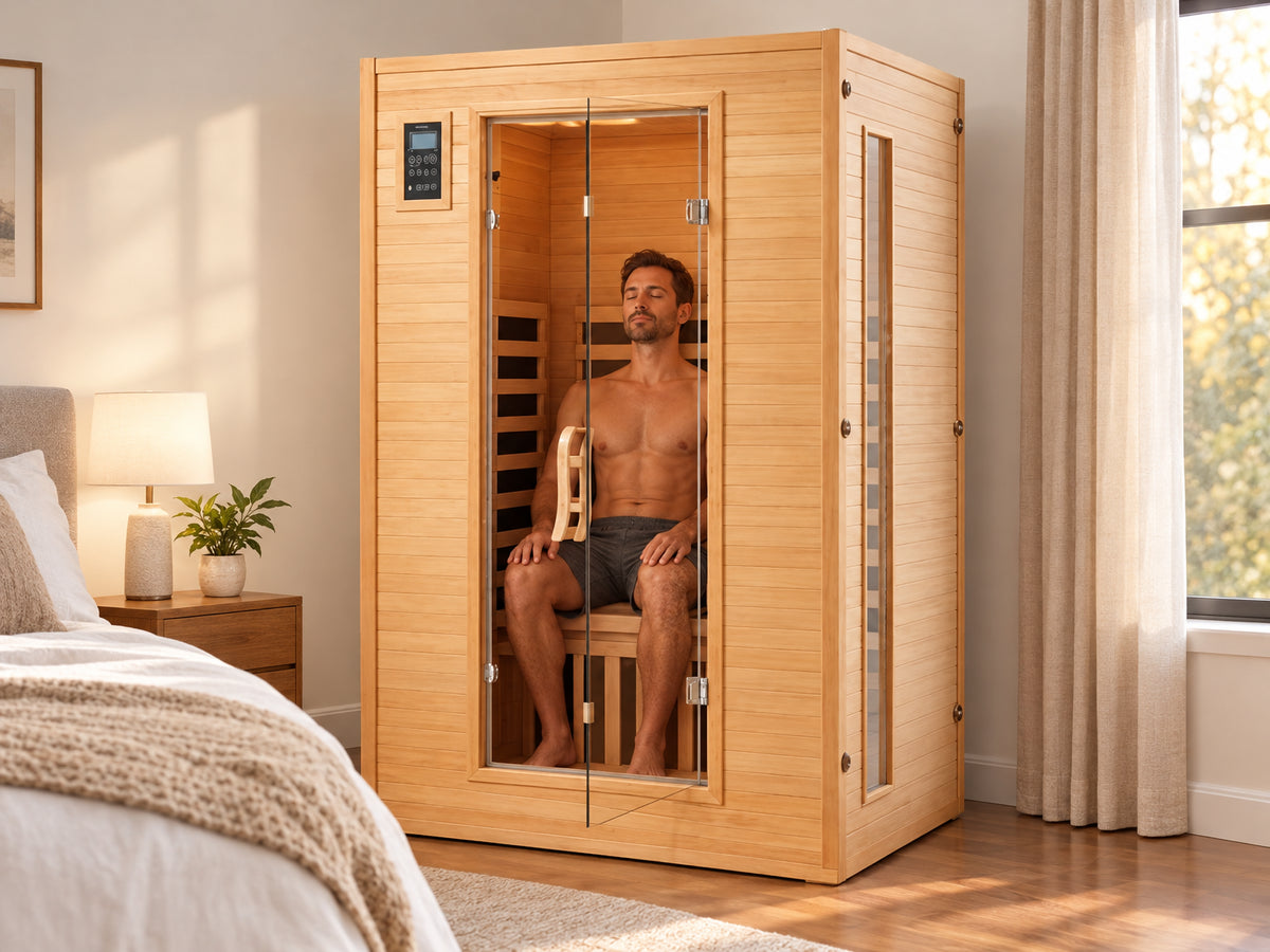 2024 Upgrade 2 Person Sauna, a man sitting calmly with hands resting on knees, breathing slowly, fully present