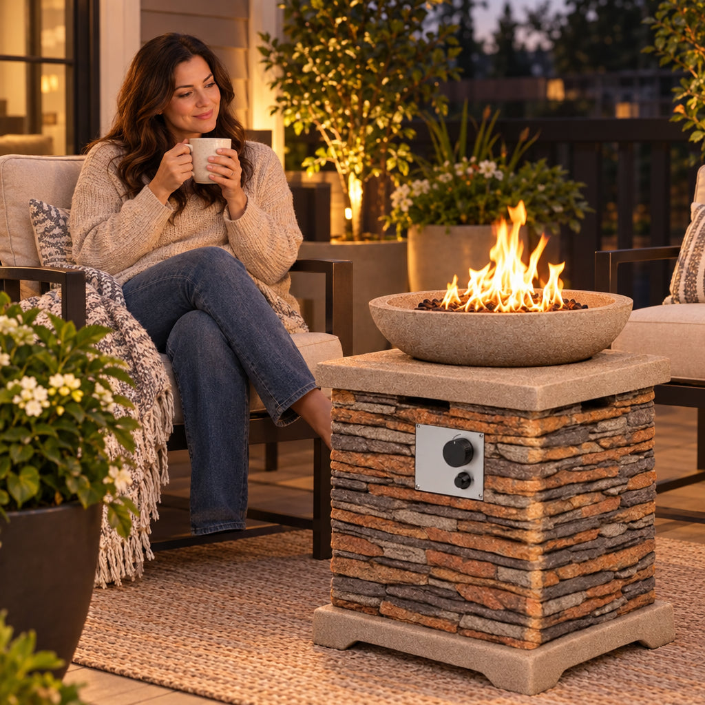 Propane Fire Pits, settling into a chair with a mug, glancing at the flame with quiet satisfaction