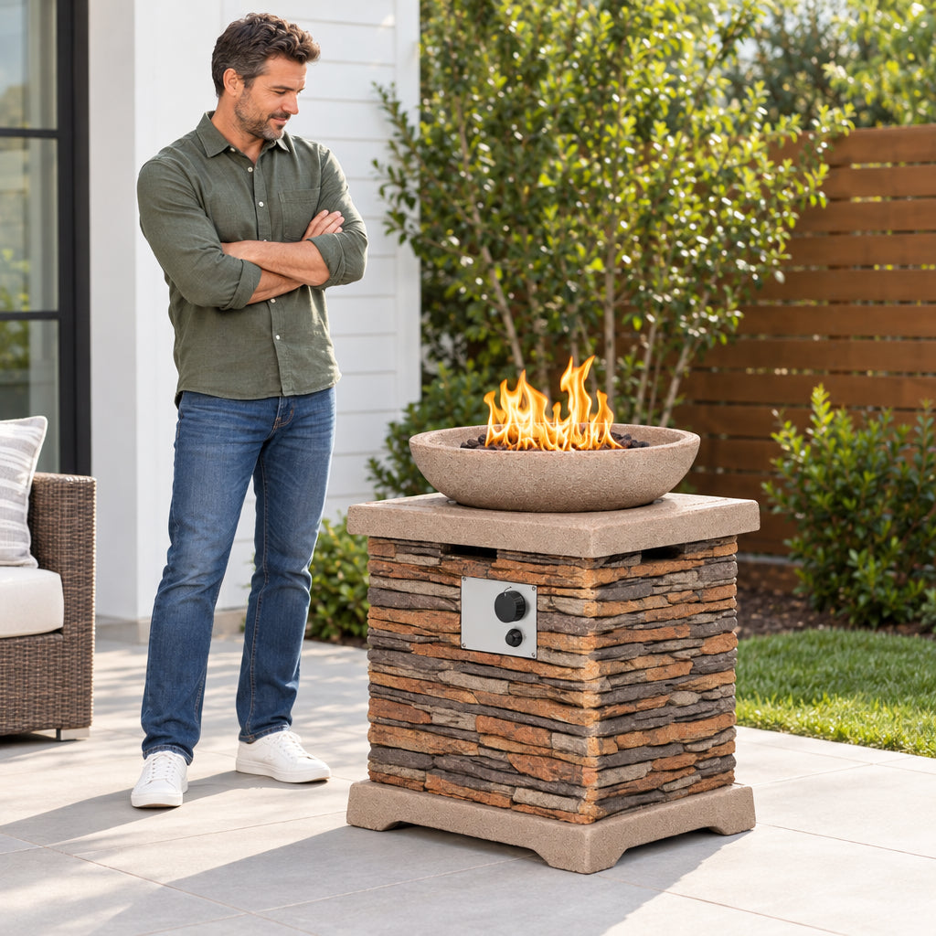 Propane Fire Pits, standing beside the fire pit table with arms crossed, nodding in consideration