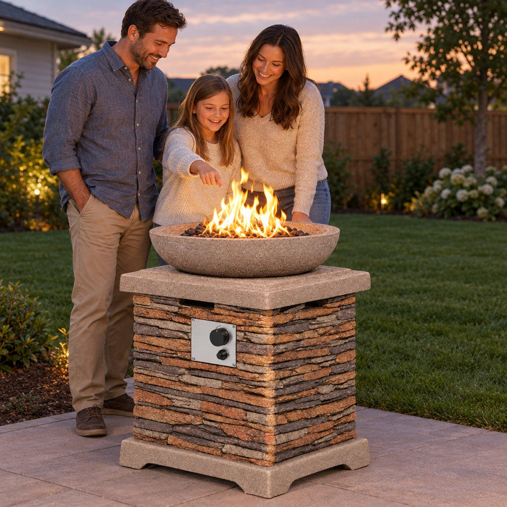 Propane Fire Pits, gathered around the lit fire pit table, one child pointing at the flame