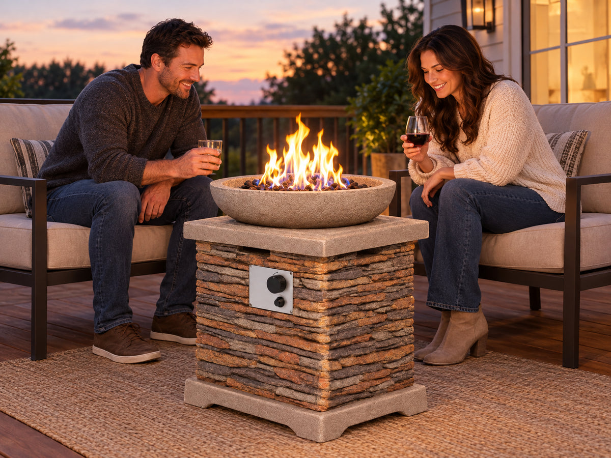 Propane Fire Pits, leaning in with drinks in hand, drawn toward the flame