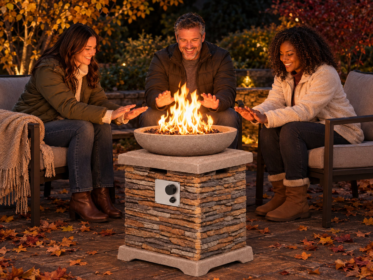 Propane Fire Pits, holding hands out toward the flame, visibly warming up, garden patio surrounded by late-season foliage