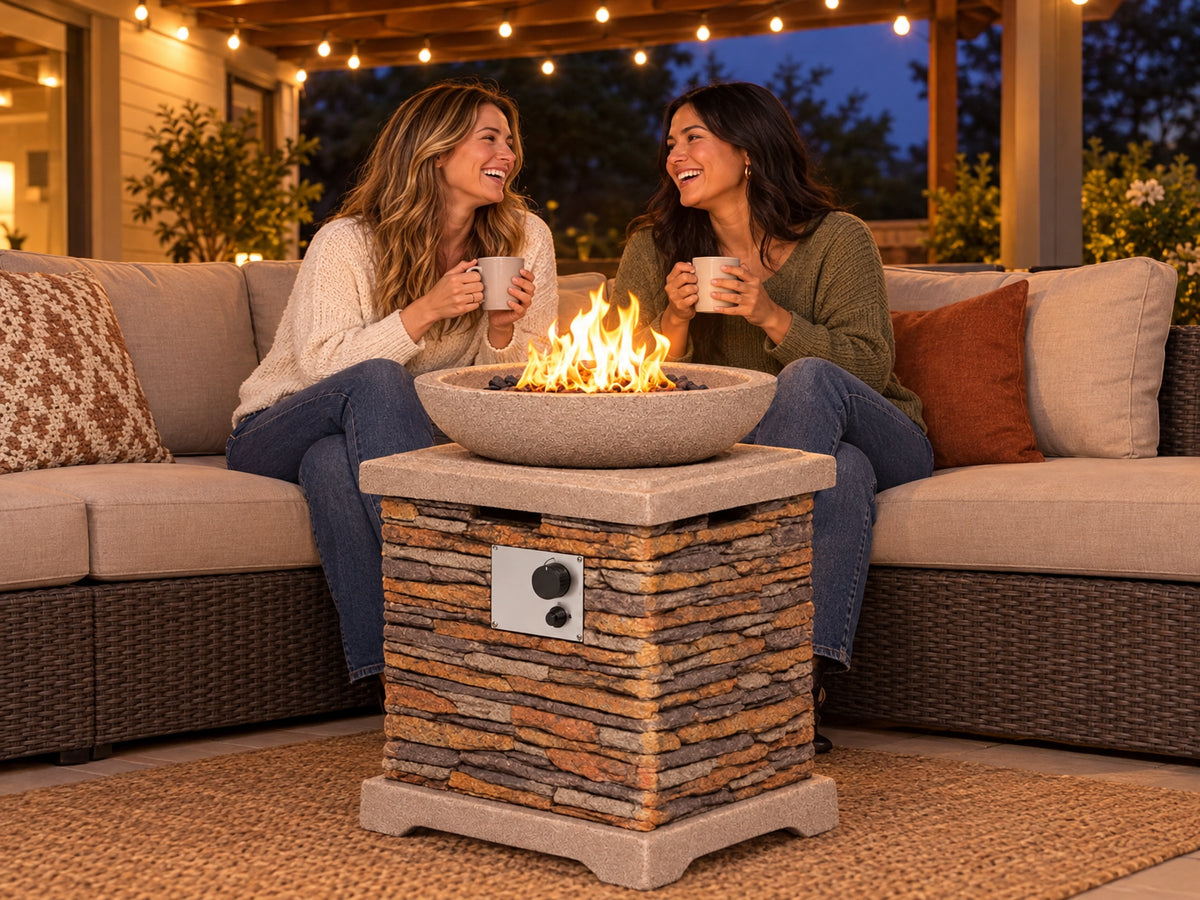 Propane Fire Pits, laughing close together, faces near the flame, no squinting or leaning away
