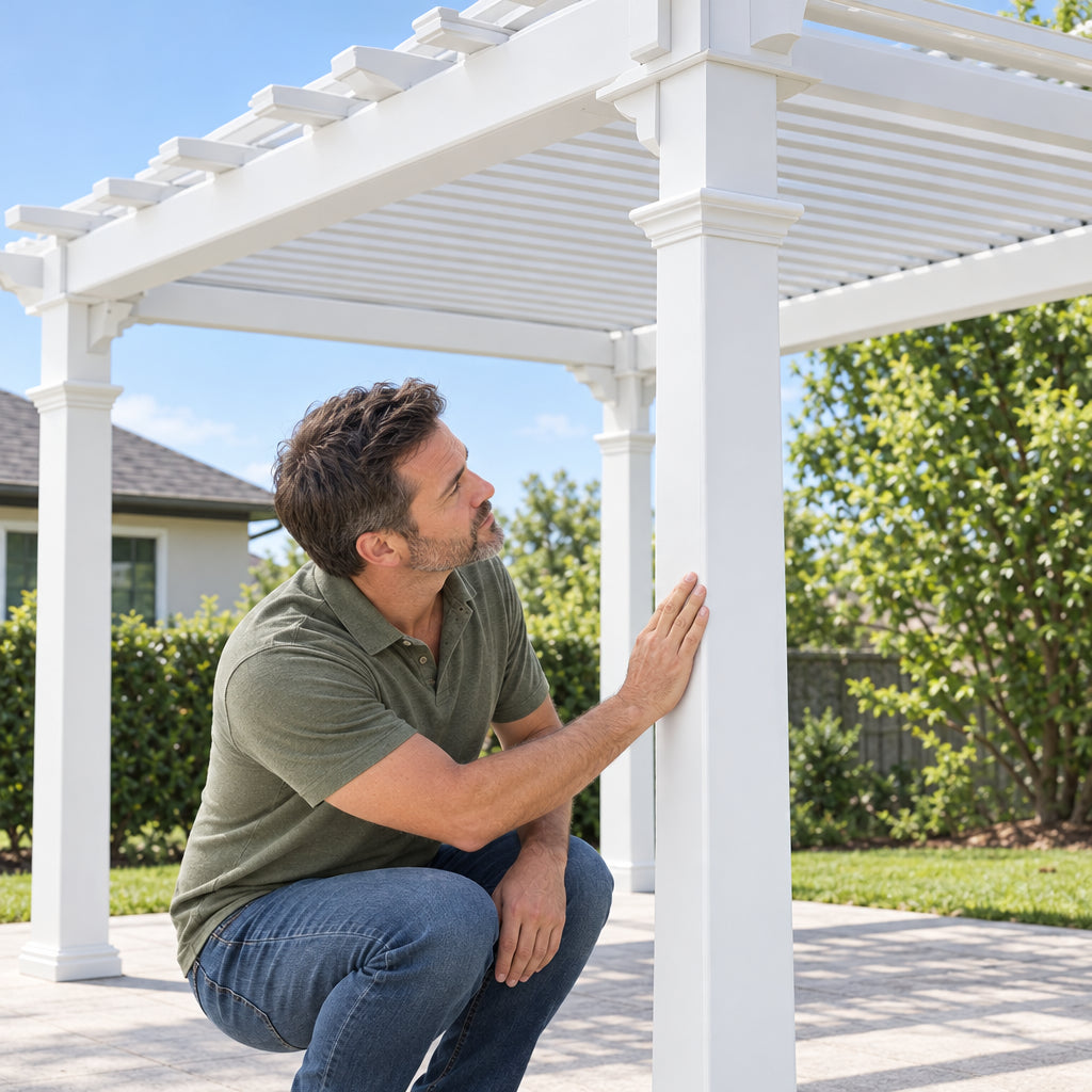 Vinyl Pergola Designed, a man crouching beside one of the pergola's posts