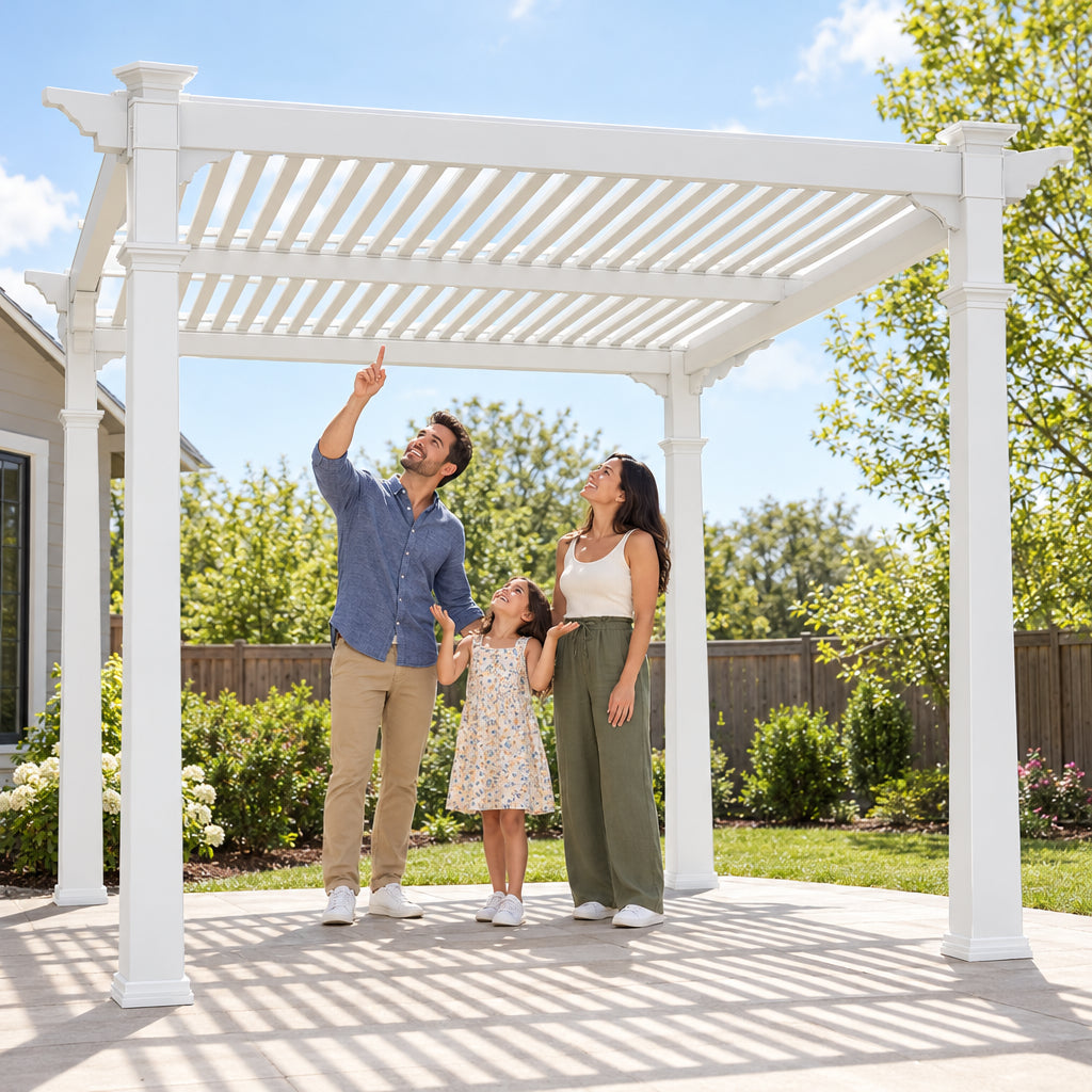 Vinyl Pergola Designed, a couple and a child standing together under the pergola
