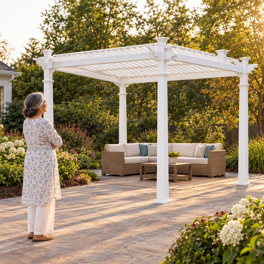 Vinyl Pergola Designed, an older South Asian woman standing a few steps back from the pergola, arms lightly crossed