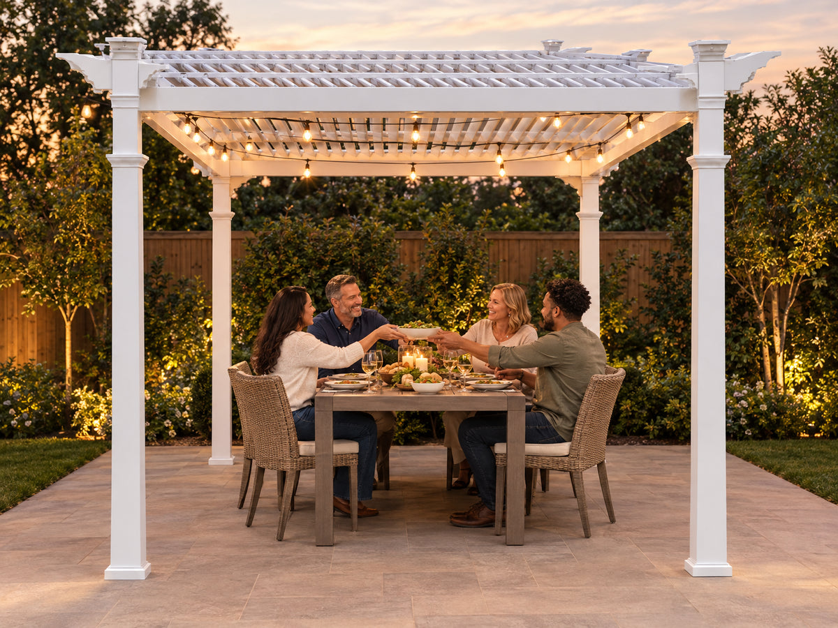 Vinyl Pergola Designed, four people seated around a large dining table fully beneath the pergola, passing dishes