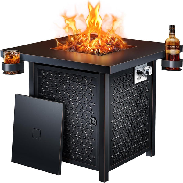 Propane Fire Pit, 28 Inch Fire Pit Table with Two Cup Holders, 50,000 BTU Steel Gas Fire Pit with Pulse Ignition System, Perfect for Patio, Garden & Backyard Gatherings, CIFPT11B, Black