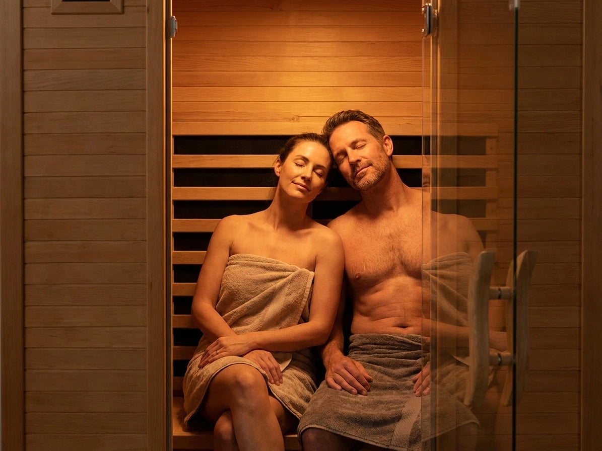 2024 Upgrade 2 Person Sauna, couple seated side by side on the sauna bench, shoulders touching