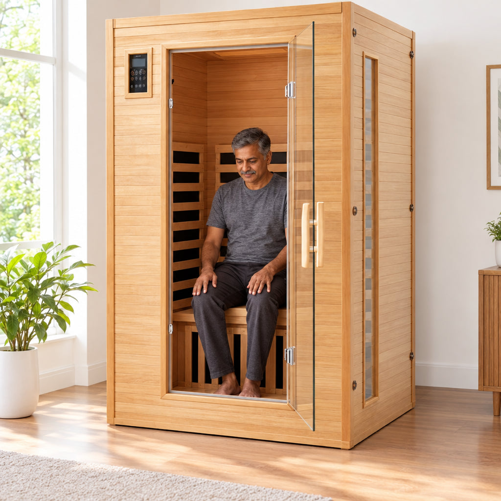 2024 Upgrade 2 Person Sauna, an older man of South Asian descent settling onto the bench, hands on knees
