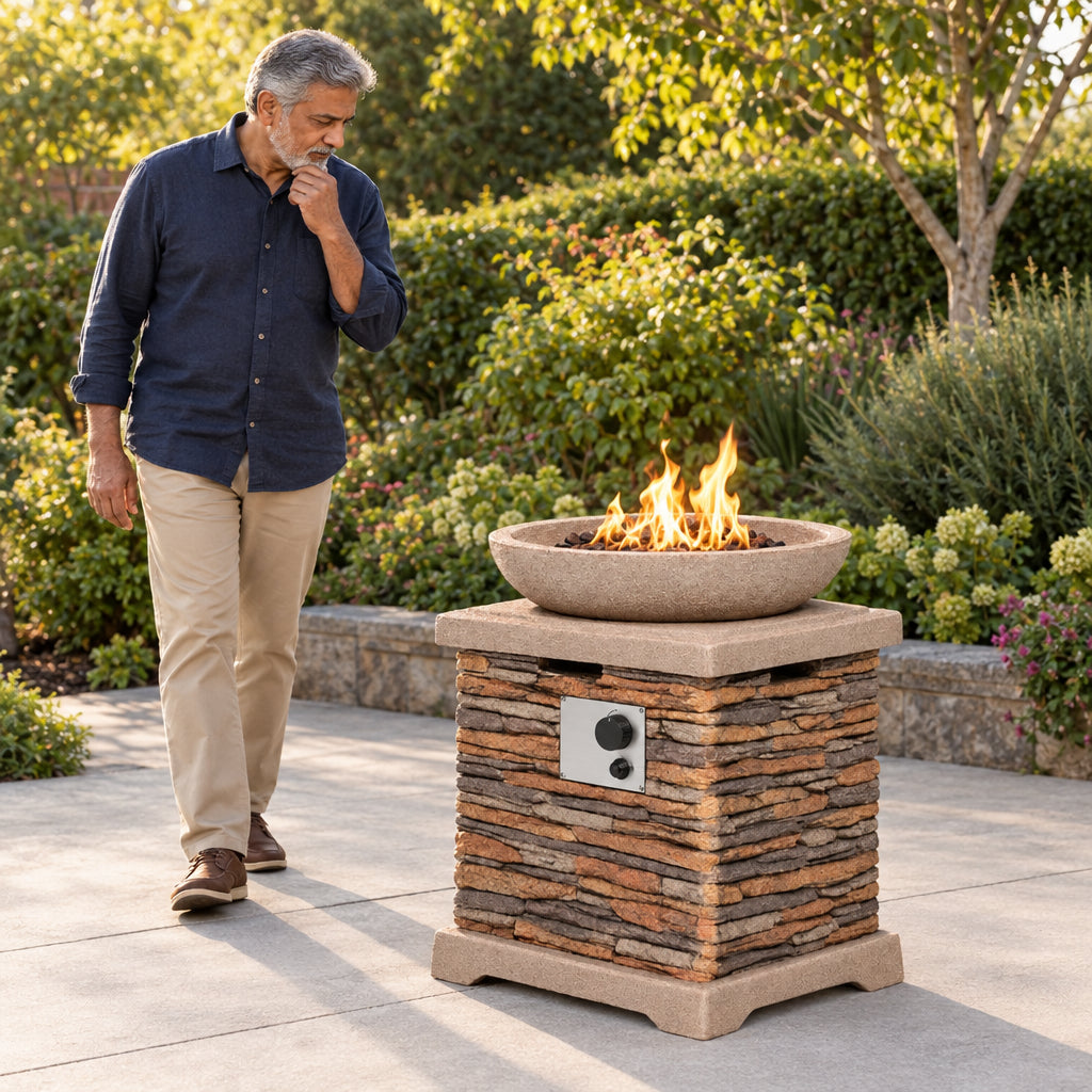 Propane Fire Pits, circling the fire pit table slowly, examining the build with steady attention
