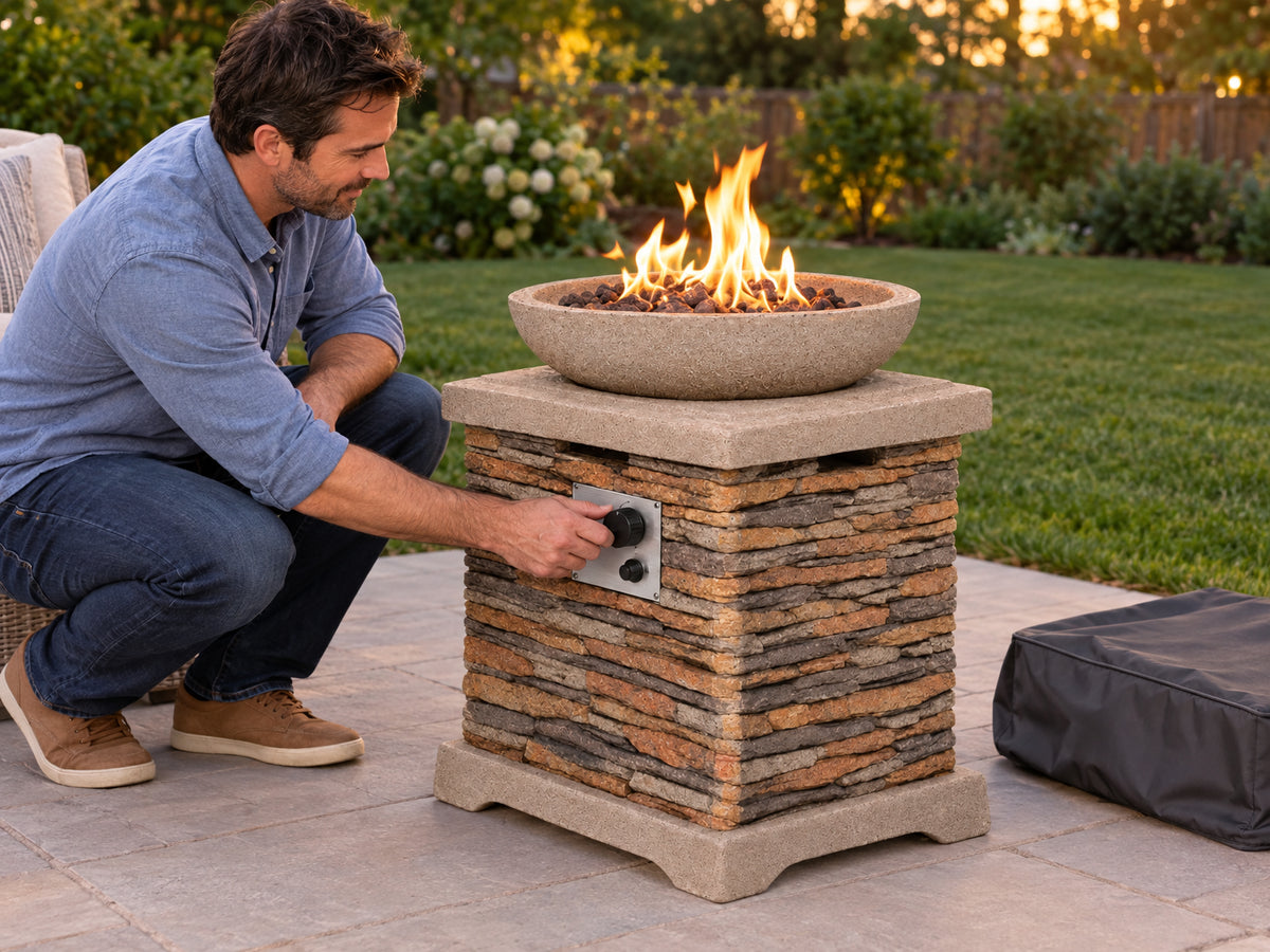 Propane Fire Pits, igniting the flame for the first time, lava rocks already in place, cover set aside nearby