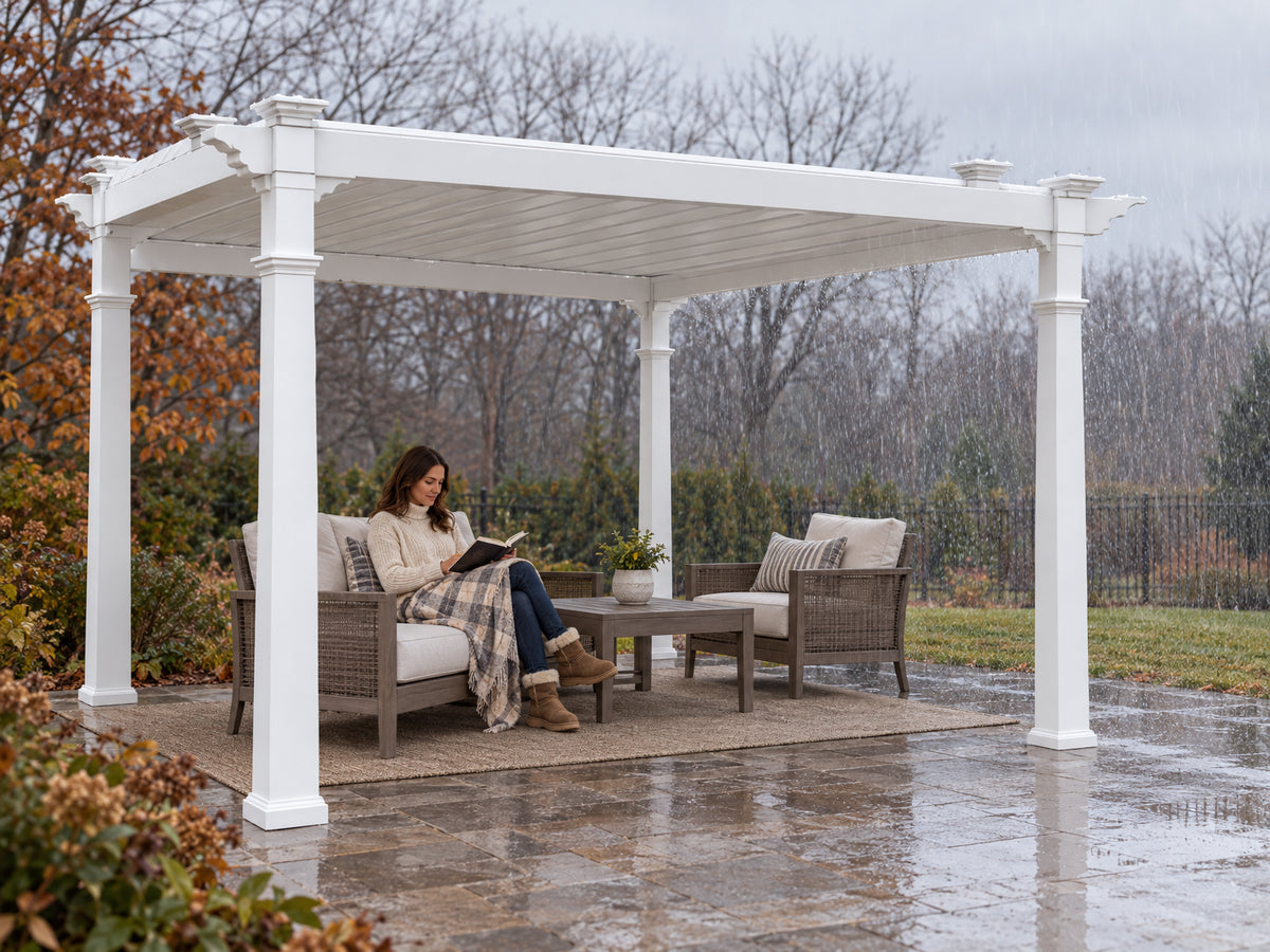 Vinyl Pergola Designed, a woman reading under the fully closed pergola while rain falls visibly just outside its footprint