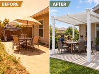 Vinyl Pergola Built for Maintenance-Free Outdoor Living, 12x12 Adjustable Louvers, Weather-Resistant, 20-Year Warranty — Before & After