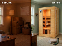 2024 Upgrade 2 Person Sauna, Low EMF 6 Heating Plate Infrared Physical Therapy Wooden Dry Steam Sauna with MP3 Auxiliary Connection, Dual Controls, Iron Shirt Wall Plate, Home Spa Day Use, Gift — Before & After